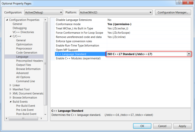How to enable C++17 in Visual Studio